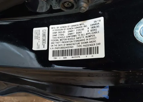 2018 Honda Civic Ex-T from USA, damaged, VIN 2HGFC3B30JH357431